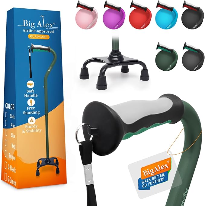 BigAlex Quad Cane, Foldable Adjustable Walking Cane for Men & Women with Stable 4-Pronged Base for Extra Stability & Balance, Heavy Duty, Lightweight, Soft Offset Handle Stick for Seniors & Elderly