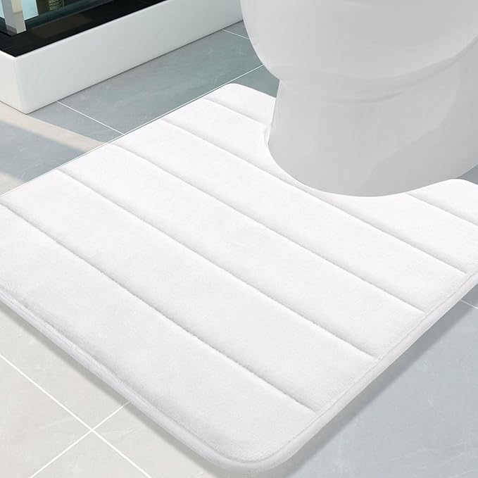 Buganda Memory Foam U-Shaped Contour Toilet Rugs, Non Slip Absorbent, Thick Soft Washable Bathroom Mat, Floor Carpet Bath Rugs Mat for Toilet Base (24" x 24", White)