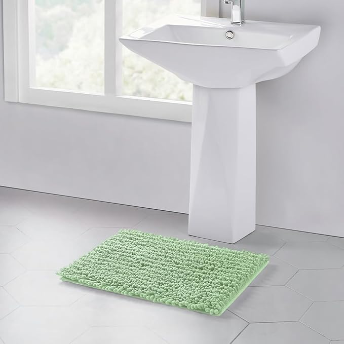 Walensee Bathroom Rug Non Slip Bath Mat (24x17 Inch Sage Green) Water Absorbent Super Soft Shaggy Chenille Machine Washable Dry Extra Thick Perfect Absorbant Best Small Plush Carpet for Shower Floor