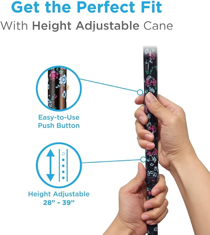 Nova Joy Designer Offset Walking Cane for Seniors - Unisex Adjustable Lightweight Aid with Foam Handle, Wrist Strap and Anti-Rattle Lock - Essential Mobility Support - Black with Flowers