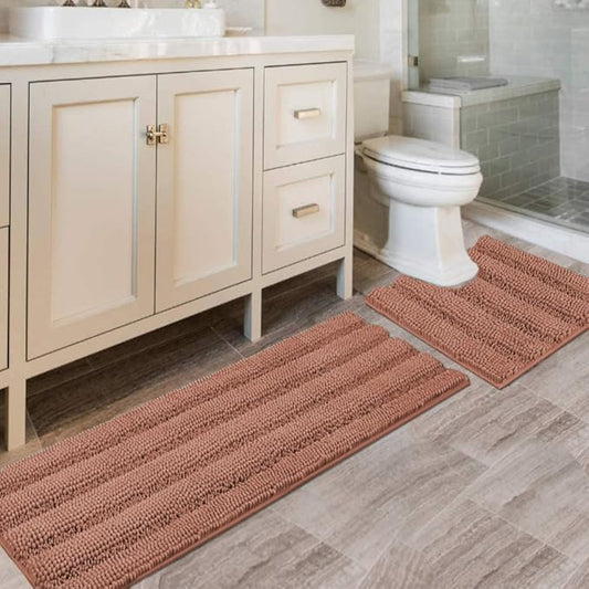 H.VERSAILTEX Bathroom Rugs Bath Rug Set 2 Piece Bathroom Contour Rug Toilet Mat Non Slip Contour Bath Rug Ultra Thick Water Absorbent Striped Bath Mats Washable(47" x 17" Plus 20" x 20" U, Muted Clay)