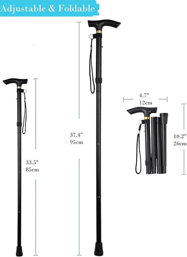 Folding Lightweight Walking Stick - Adjustable Aluminum Metal Collapsible Travel Cane with Non-Slip Rubber Base