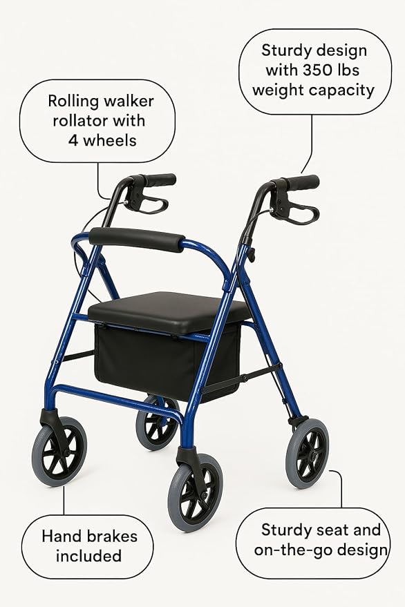 Caring 4-Wheel Rollator Walker for Seniors – Blue Rolling Walker with Seat, Hand Brakes & Storage – Heavy Duty Frame Supports 350 lbs – Foldable Mobility Aid