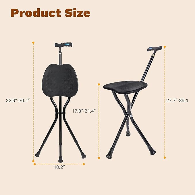 UNLICON-Brown Folding Cane Stool with Seat – Lightweight Adjustable Walking Cane for Seniors, Ergonomic Design, 330 lbs Capacity, Portable and Convenient Cane Chair with Anti-Slip Feet