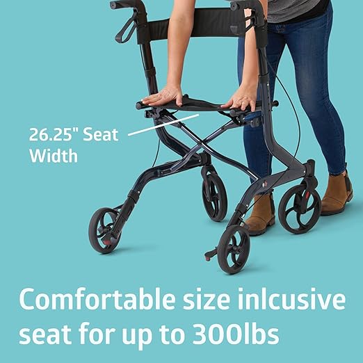 Medline Aluminum European Style Foldable Rollator with Backrest, 300 lbs. Capacity, Navy — For Foot & Leg Injuries & Post-Surgery