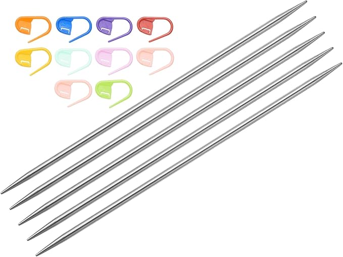 uxcell 5Pcs Knitting Needle Size US 4(3.5mm) 6 Inches (15cm) Length Stainless Steel Double Pointed Sweater Stitching Needles with 10 Colorful Stitch Markers for Handmade Projects DIY