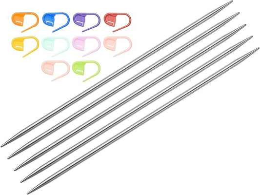uxcell 5Pcs Knitting Needle Size US 2.5(3mm) 6 Inches (15cm) Length Stainless Steel Double Pointed Sweater Stitching Needles with 10 Colorful Stitch Markers for Handmade Projects DIY