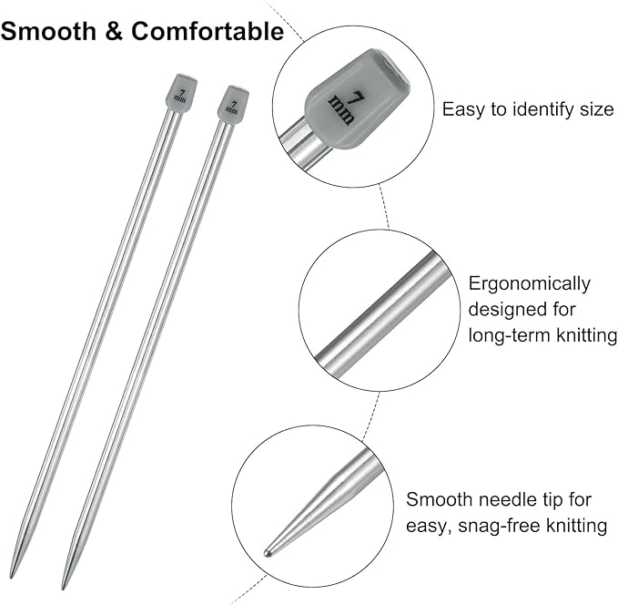uxcell 2Pcs 7mm Single Pointed Knitting Needles Stainless Steel 9.84 Inches Length Metal Weaving Tool for Handmade Projects DIY Knitting