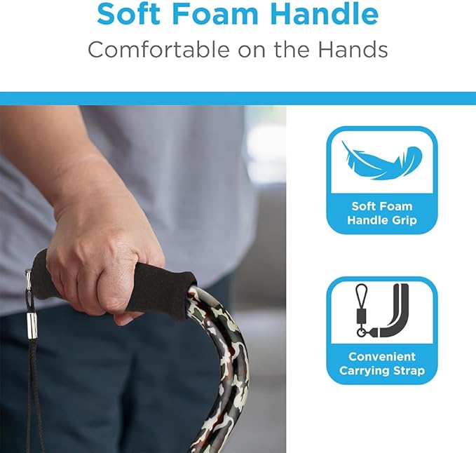 Nova Joy Designer Offset Walking Cane for Seniors - Unisex Adjustable Lightweight Aid with Foam Handle, Wrist Strap and Anti-Rattle Lock - Essential Mobility Support - Camouflage