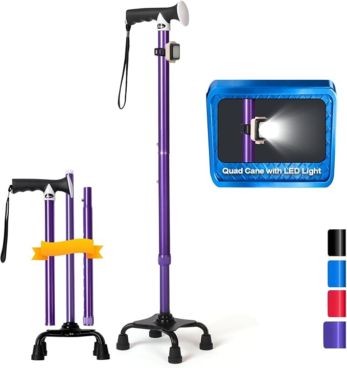 Quad Cane with LED Light (300 lbs) - Adjustable 4-Pronged Walking Cane Sticks for Men & Women, Extra Balance & Stability for Seniors