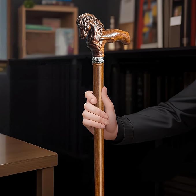 Wood Walking Cane, Elegant Hand-Carved Horse Head Wooden Walking Cane for Men and Women, Handmade Stylish Canes for Seniors, Light Stable High-end Canes Suitable for Gift Giving