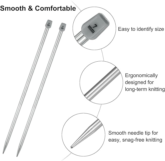 uxcell 2Pcs 7mm Single Pointed Knitting Needles Stainless Steel 13.8 Inches Length Metal Weaving Tool for Handmade Projects DIY Knitting