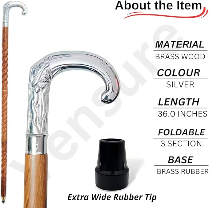 Antique Spiral Brown Wooden Walking Stick with Silver Brass Designer Parrot Handle Walking Wooden Cane for Gift Men & Women