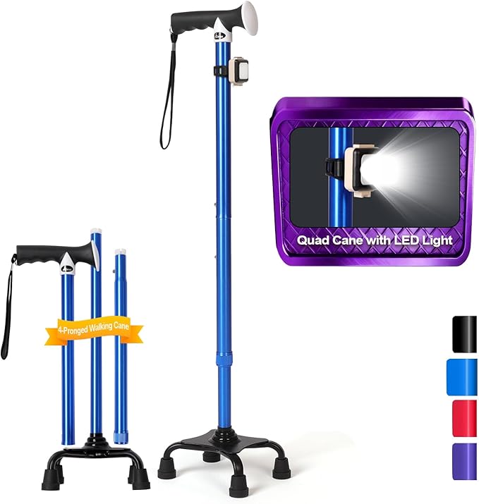 Quad Cane with LED Light (300 lbs) - Adjustable 4-Pronged Walking Cane Sticks for Men & Women, Extra Balance & Stability for Seniors
