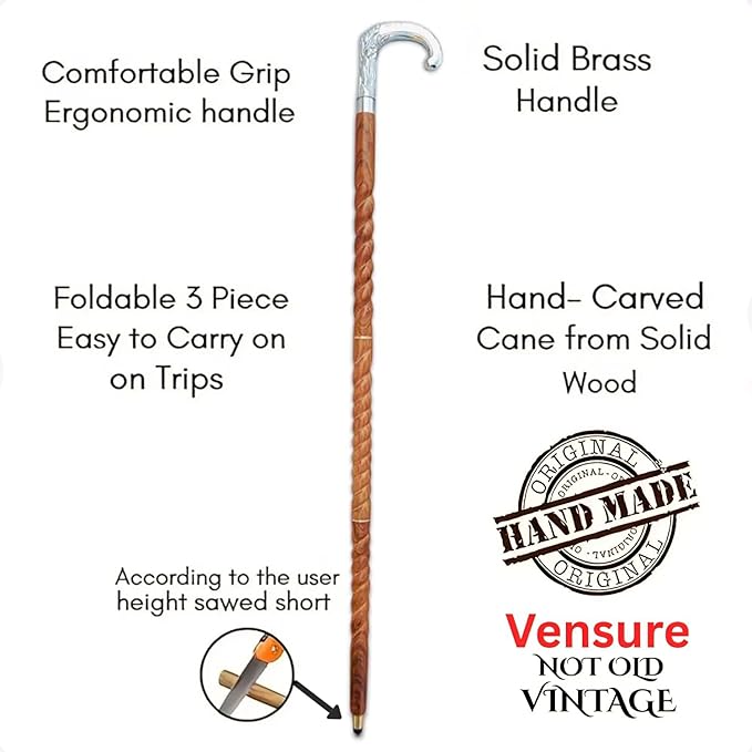 Antique Spiral Brown Wooden Walking Stick with Silver Brass Designer Parrot Handle Walking Wooden Cane for Gift Men & Women