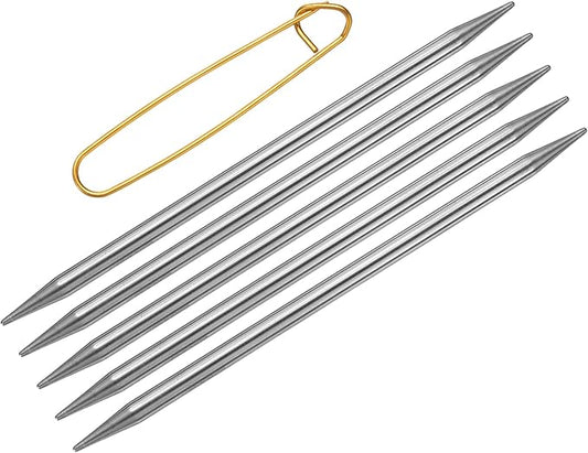 uxcell 5Pcs Knitting Needle Size US 8(5mm) Diameter 6 Inches (15cm) Length Stainless Steel Double Pointed Sweater Stitching Needles with Stitch Holder for Handmade Projects DIY Knitting