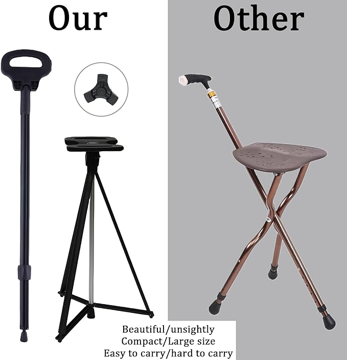 Walking Cane with Seat for Men & Women, Lightweight Anti-Slip Walking Stick with Carry Bag, Portable Stool for Senior & Adults, Foldable Cane Chair for Travel Hiking