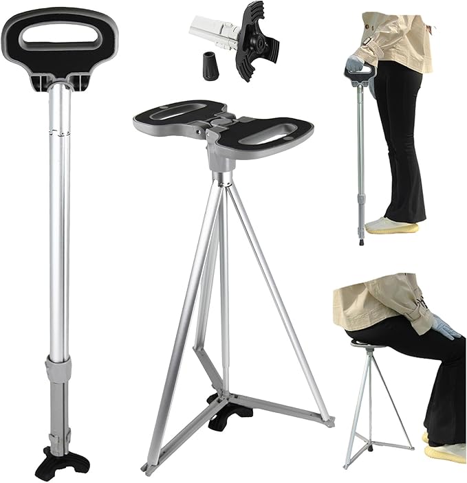 Walking Cane with Seat for Men & Women, Lightweight Anti-Slip Walking Stick with Carry Bag, Portable Stool for Senior & Adults, Foldable Cane Chair for Travel Hiking
