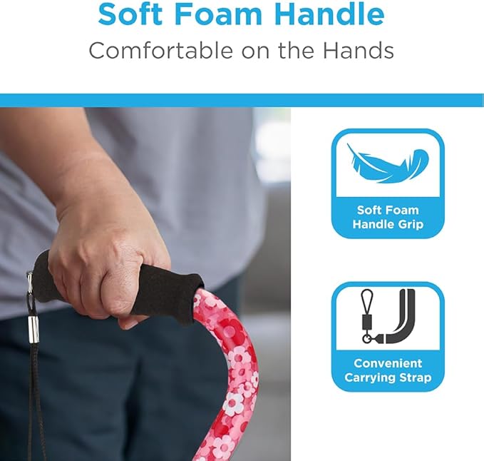 Nova Joy Designer Offset Walking Cane for Seniors - Unisex Adjustable Lightweight Aid with Foam Handle, Wrist Strap and Anti-Rattle Lock - Essential Mobility Support - Pink Petal Power