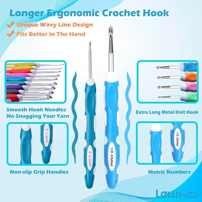 Lewhoo Ergonomic Crochet Hooks Set with Case, 13 Size Crochet Hooks for Arthritic Hands 2.0mm -10.0mm (B-N)