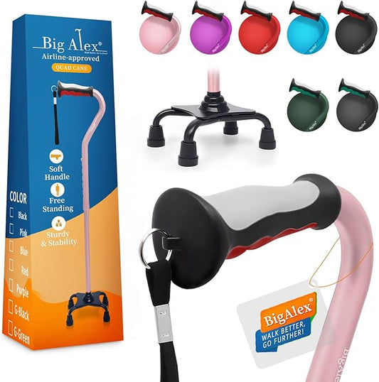 BigAlex Quad Cane, Foldable Adjustable Walking Cane for Men & Women with Stable 4-Pronged Base for Extra Stability & Balance, Heavy Duty, Lightweight, Soft Offset Handle Stick for Seniors & Elderly