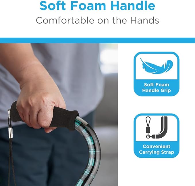 Nova Joy Designer Offset Walking Cane for Seniors - Unisex Adjustable Lightweight Aid with Foam Handle, Wrist Strap and Anti-Rattle Lock - Essential Mobility Support - Green Plaid