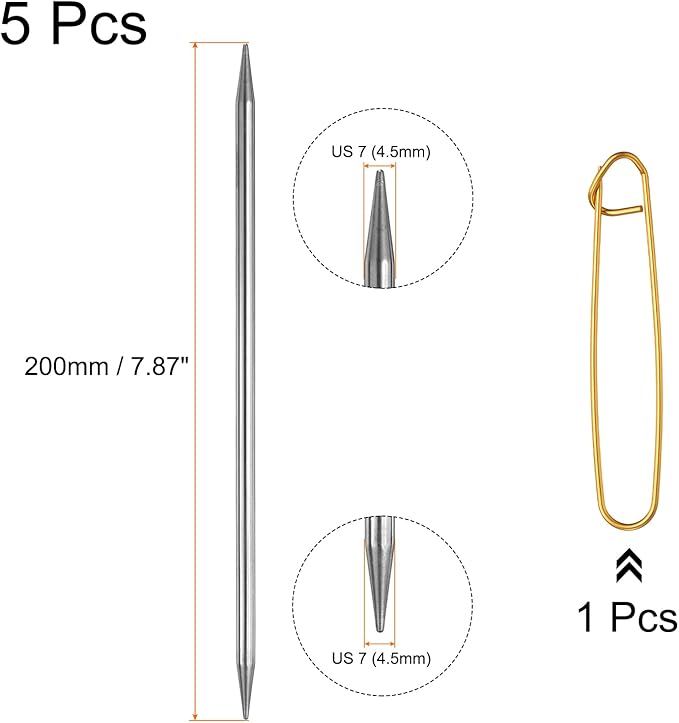 uxcell 5Pcs US 7(4.5mm) Double Pointed Knitting Needle 7.87 Inches Length Stainless Steel Sweater Stitching Needles with Stitch Holder for Handmade Projects DIY Knitting