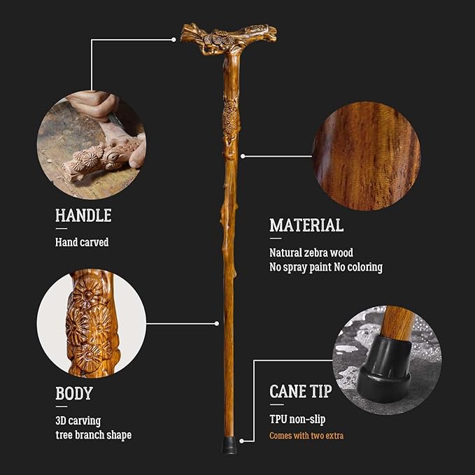 Wooden Walking Cane, Hand-Carved Wood Walking Cane for Men and Women, with Massage Function Support up to 500lbs, High-end Canes for Seniors Suitable for Gift Giving