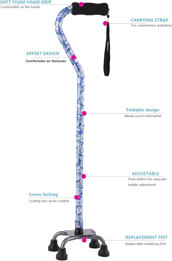 Walking Cane for Women & Men, Adjustable Quad Cane with 4-Prong Base for Stability and Balance, Folding Aluminum Walking Stick for Seniors