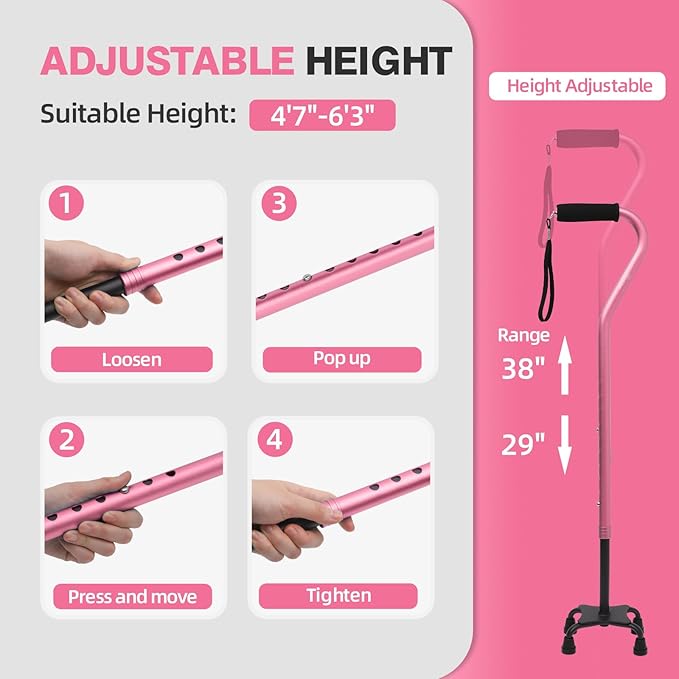 BeneCane Quad Cane Adjustable Walking Cane with Offset Soft Cushioned Handle for Men & Women Lightweight Comfortable with 4-Pronged feet for Extra Stability
