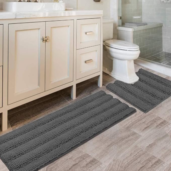 H.VERSAILTEX Bathroom Rugs Bath Rug Set 2 Piece Bathroom Contour Rug Toilet Mat Sets Non Slip Contour Bath Rug Ultra Thick Water Absorbent Striped Bath Mats Washable(47" x 17" Plus 20" x 20" U, Grey)