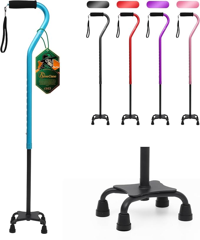 BeneCane Quad Cane Adjustable Walking Cane with Offset Soft Cushioned Handle for Men & Women Lightweight Comfortable with 4-Pronged feet for Extra Stability
