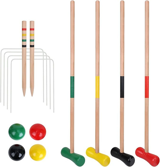GOTHINK 4 Players Croquet Set with Wooden Balls for Adults & &Kids - Summer Outdoor Games for School Field Day Lawn Backyard Activity - 30Inch Wooden Mallets,Colored Ball, Wickets, Stakes