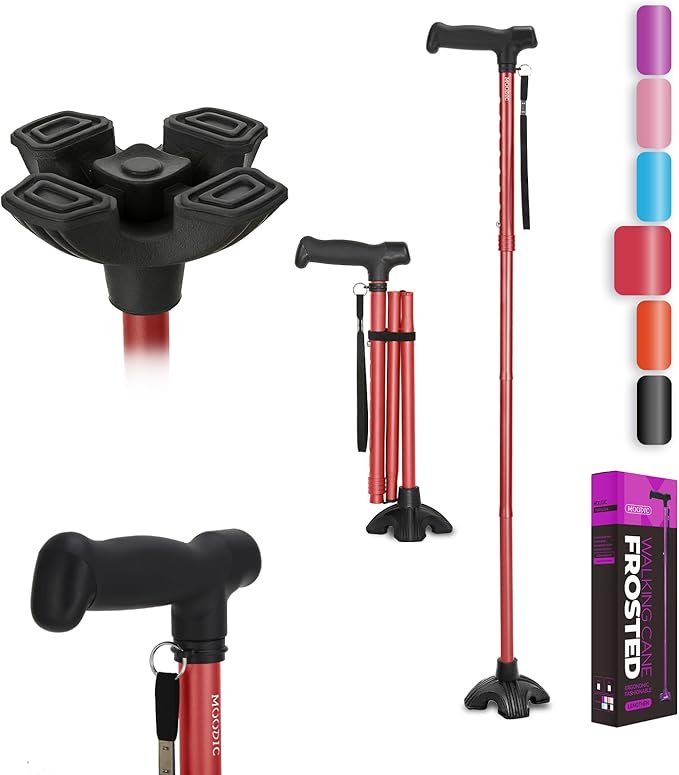 Walking Cane for Women, Extended Grip; Solid Base; Foldable; Adjustable Heights; Lightweight; Free Standing; Portable Canes for Men for Stability (Red)