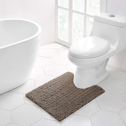 Walensee Bathroom Contour Rug Non Slip Toilet U Shaped Bath Mat (20x24, Taupe) Water Absorbent Super Soft Shaggy Chenille Machine Washable Dry Extra Thick Perfect Absorbant Best Plush Carpet