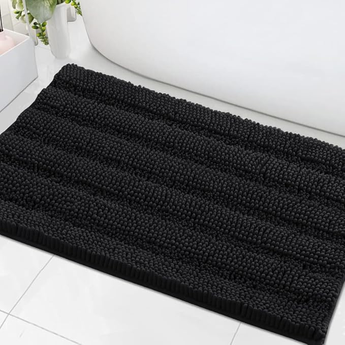 H.VERSAILTEX Bath Mats for Bathroom Non Slip Extra Thick Chenille Striped Bath Rug 24" x 36" Absorbent Non Skid Fluffy Soft Shaggy Rugs Washable Dry Fast Plush Mats for Indoor, Bath Room, Tub - Black