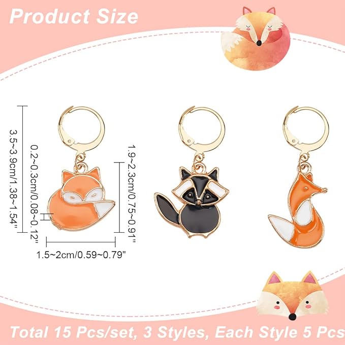 NBEADS 15 Pcs Fox Stitch Markers, Alloy Enamel Crochet Stitch Marker Charms Locking with 304 Stainless Steel Clasp for Crochet Weaving Sewing Accessories Quilting Jewelry Making