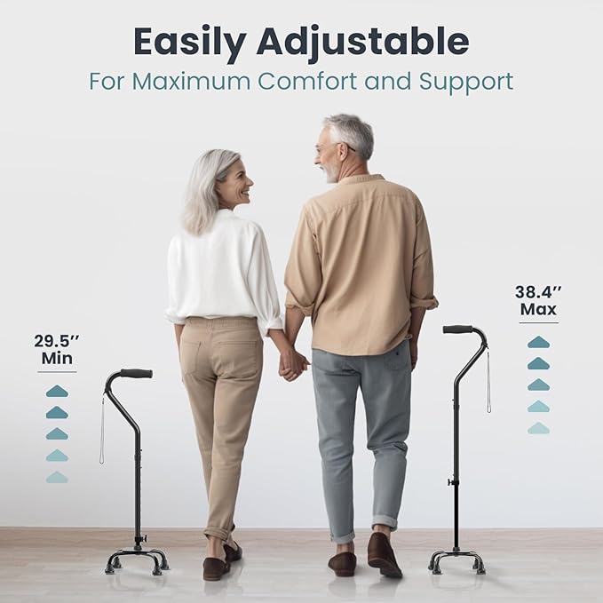 PELEGON Quad Cane (300 lb) - Adjustable Walking Cane with A Large 4 Pronged Base for Extra Balance & Stability, Walking Canes for Seniors, Walking Cane for Men & Women, Walking Sticks