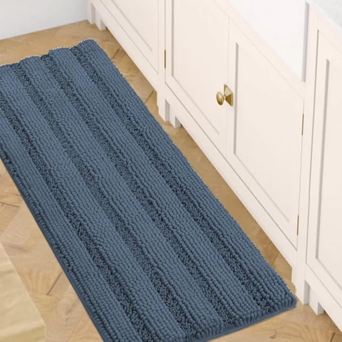 H.VERSAILTEX Bath Rugs for Bathroom Non Slip Bath Mats Thick Chenille Striped Bath Rug Runners 47" x 17" Absorbent Fluffy Soft Shaggy Mats Dry Fast Plush Area Carpet for Bath Room - Blue Indigo
