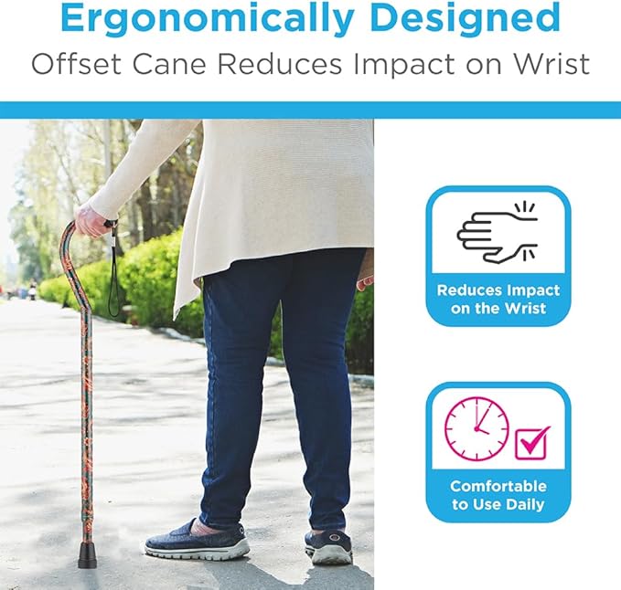 Nova Joy Designer Offset Walking Cane for Seniors - Unisex Adjustable Lightweight Aid with Foam Handle, Wrist Strap and Anti-Rattle Lock - Essential Mobility Support - Green Paisley