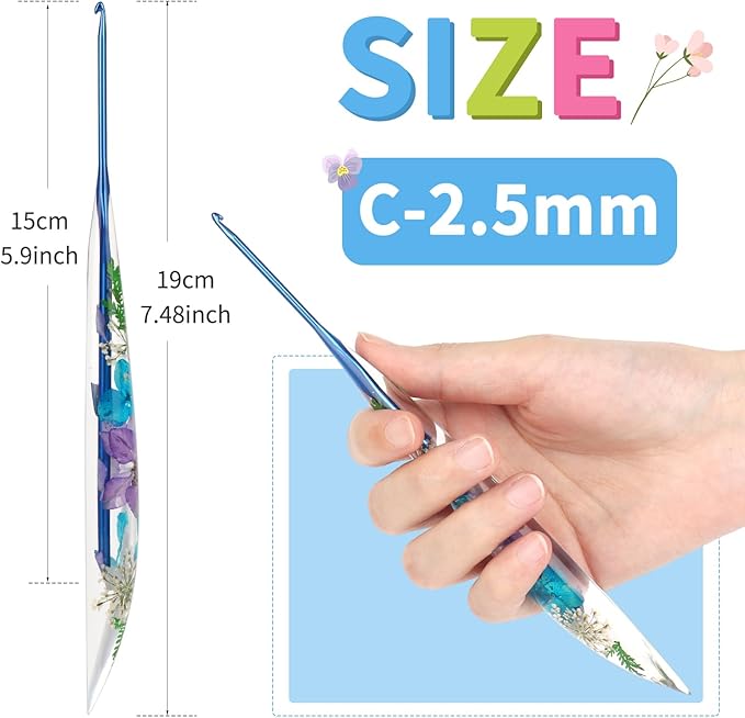 Coopay Crochet Hooks, 2.5mm Ergonomic Crochet Hook with Floral Resin Grips, Stylish and Unique, Ideal for Crocheting Blankets, Dolls, Shawls, Hats, Scarves (C-2.5mm)
