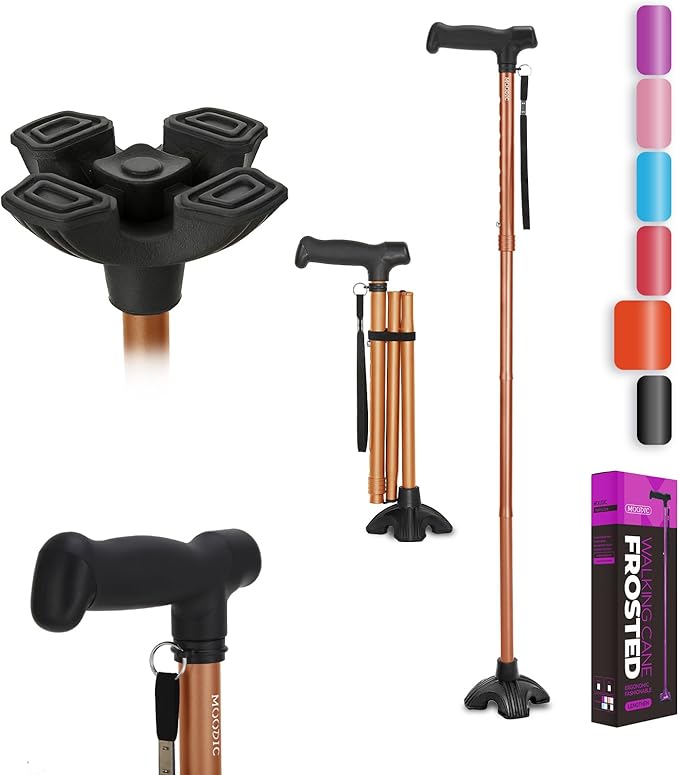 Walking Cane for Men and Women, Extended Grip; Solid Base; Foldable; Adjustable Heights; Lightweight; Free Standing; Portable Canes for Seniors (Orange)