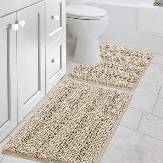 H.VERSAILTEX Bathroom Rug Sets 2 Piece Bath Mats Non Slip Thick Soft Chenille Striped Bath Rug achine Washable Shower Floor Rugs for Tub, Shower and Floor (Fog, 20"x32" Plus 20"x20" U)
