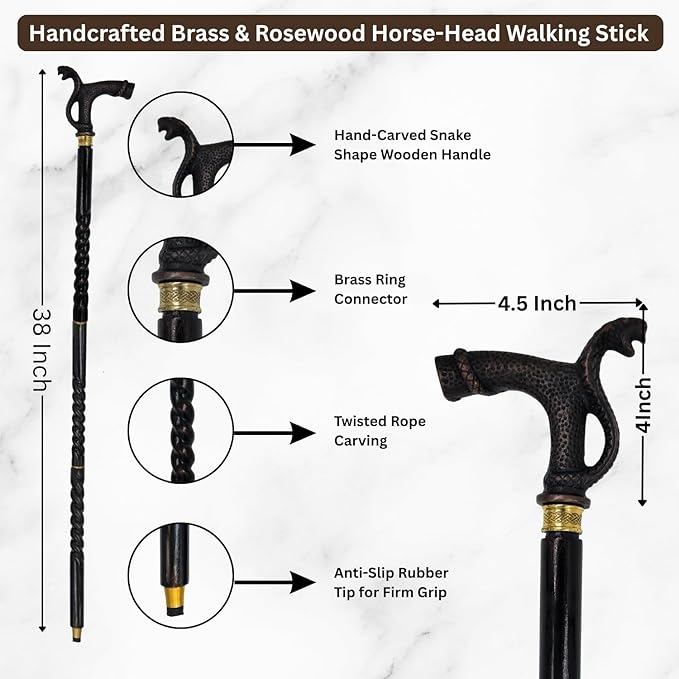 All Black Snake Handle Spiral Wooden Walking Cane