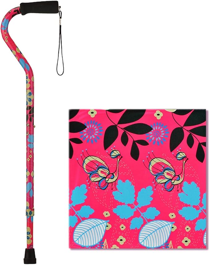 Nova Joy Designer Offset Walking Cane for Seniors - Unisex Adjustable Lightweight Aid with Foam Handle, Wrist Strap and Anti-Rattle Lock - Essential Mobility Support - Flower Power