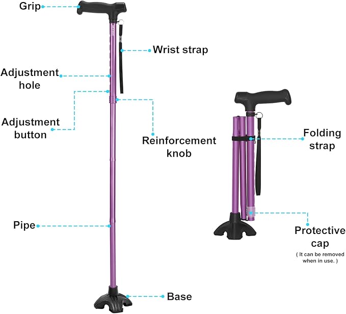 Extended Handle Walking Cane for Men & Women, Solid Base Foldable Canes (Purple)