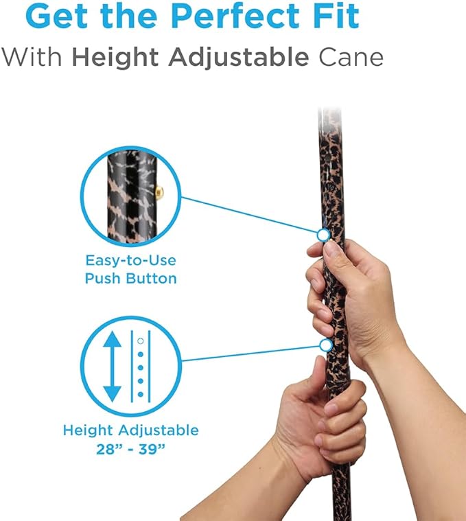 Nova Joy Designer Offset Walking Cane for Seniors - Unisex Adjustable Lightweight Aid with Foam Handle, Wrist Strap and Anti-Rattle Lock - Essential Mobility Support - Leopard