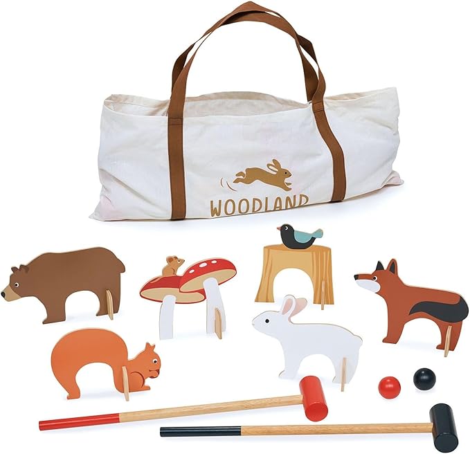 Tender Leaf Toys - Woodland Indoor Croquet Set - 17 Piece Portable Wooden Forest Themed Sports Toy for Boys and Girls - Boost Motor Skills and Hand-Eye Coordination - Interactive Family Game - Age 3+