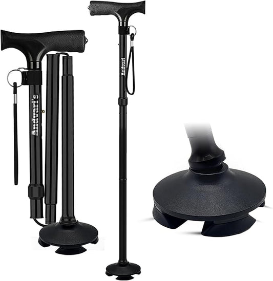 Walking Cane for Men & Women – Foldable, Adjustable, Self-Standing Cane with 360° Pivot Base, Comfortable Grip, Heavy Duty Canes for Women, Collapsible Walking Stick with Travel Bag for Seniors Adults