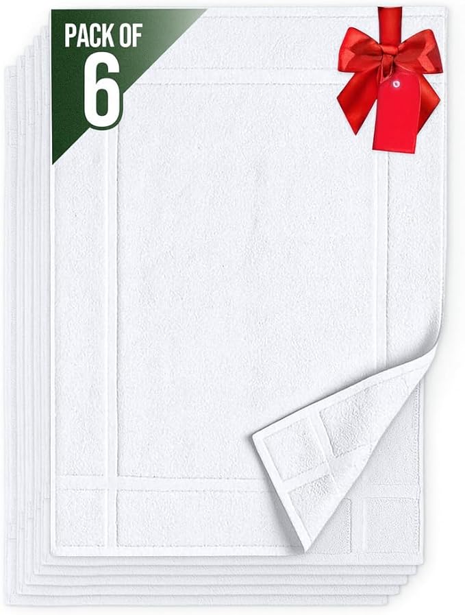 Pearl Linens Pack of 6 100% Cotton Bath Mat 20X30 inches, Soft & Absorbent Quick Dry Bathroom Mat Set, Not Bathroom Rugs, After Shower Mat, Bath Tub Mat, 687 GSM, Machine Washable, White